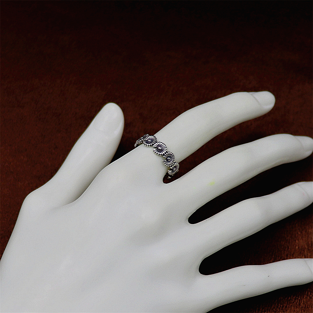 S925 Sterling Silver Vintage Daisy Flower Adjustable Ring