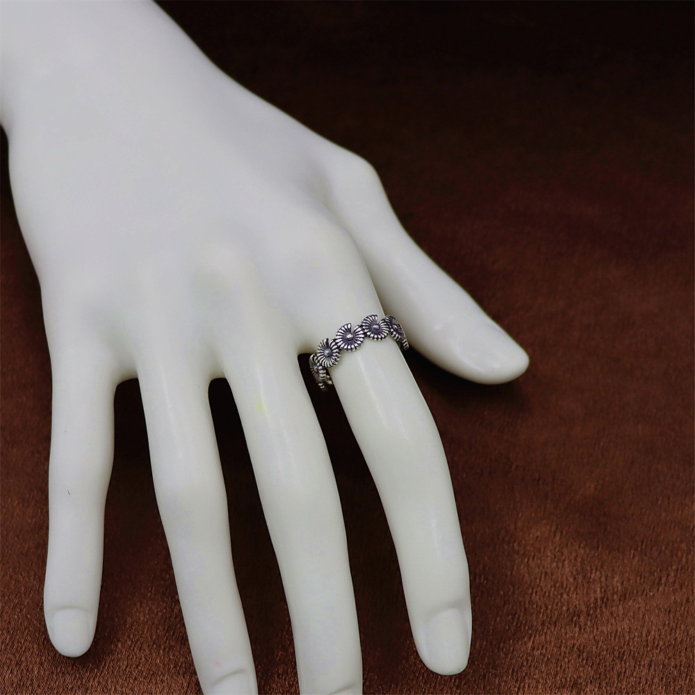 S925 Sterling Silver Vintage Daisy Flower Adjustable Ring