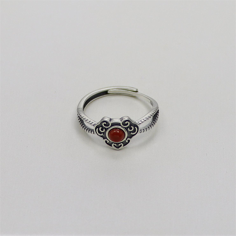 S925 Sterling Silver Vintage Cloud and Ruyi Red Agate Adjustable Ring