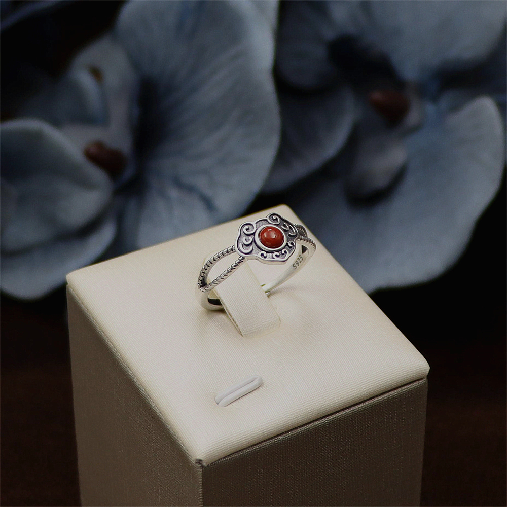 S925 Sterling Silver Vintage Cloud and Ruyi Red Agate Adjustable Ring