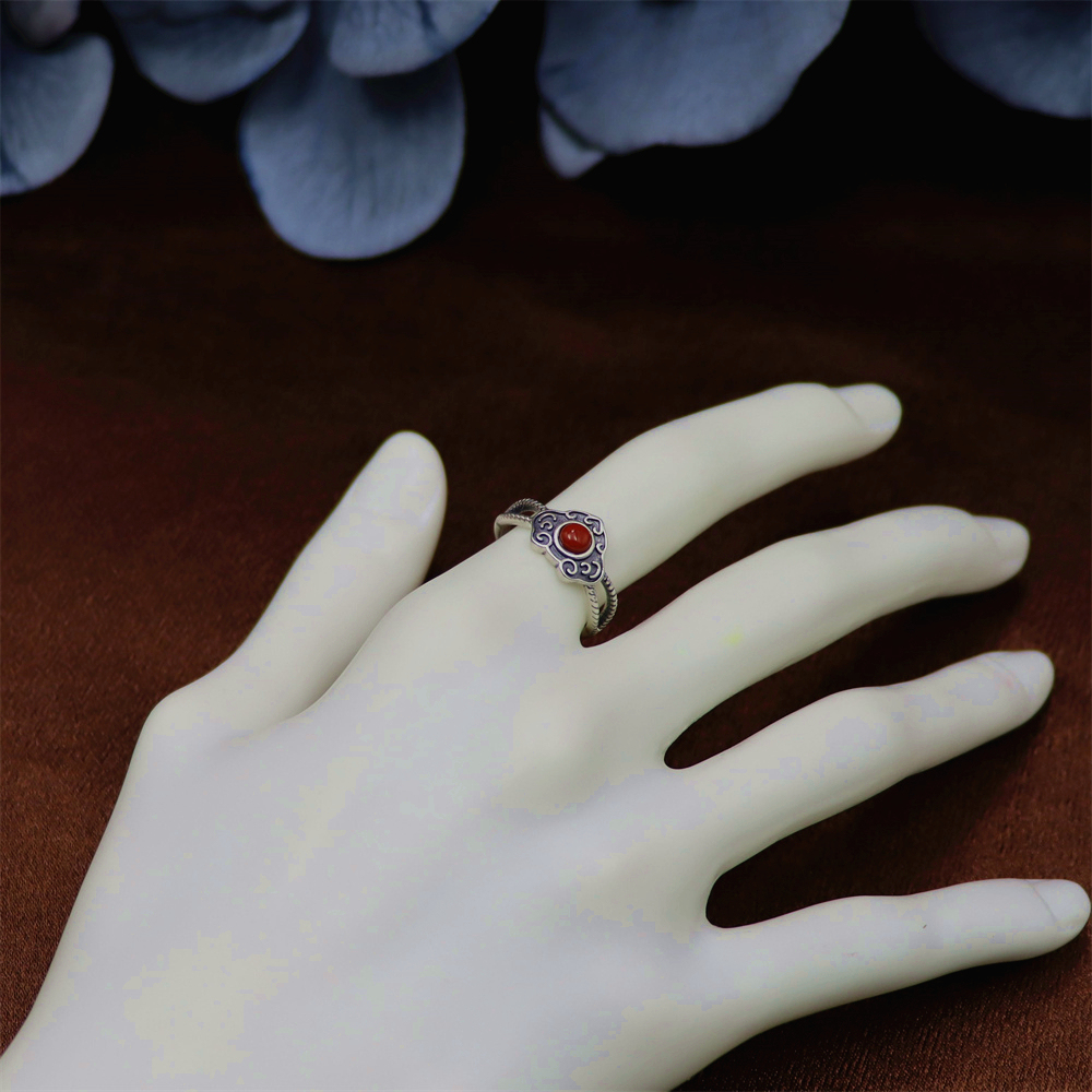 S925 Sterling Silver Vintage Cloud and Ruyi Red Agate Adjustable Ring