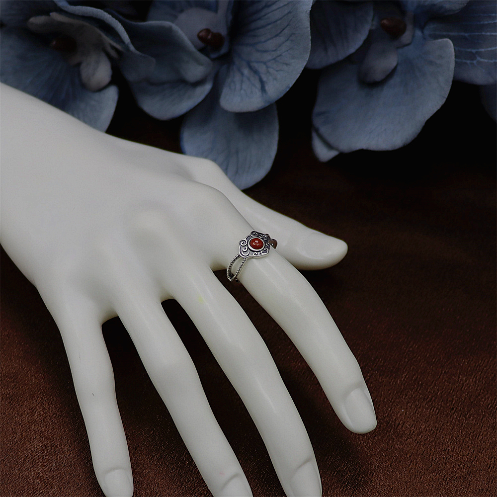 S925 Sterling Silver Vintage Cloud and Ruyi Red Agate Adjustable Ring