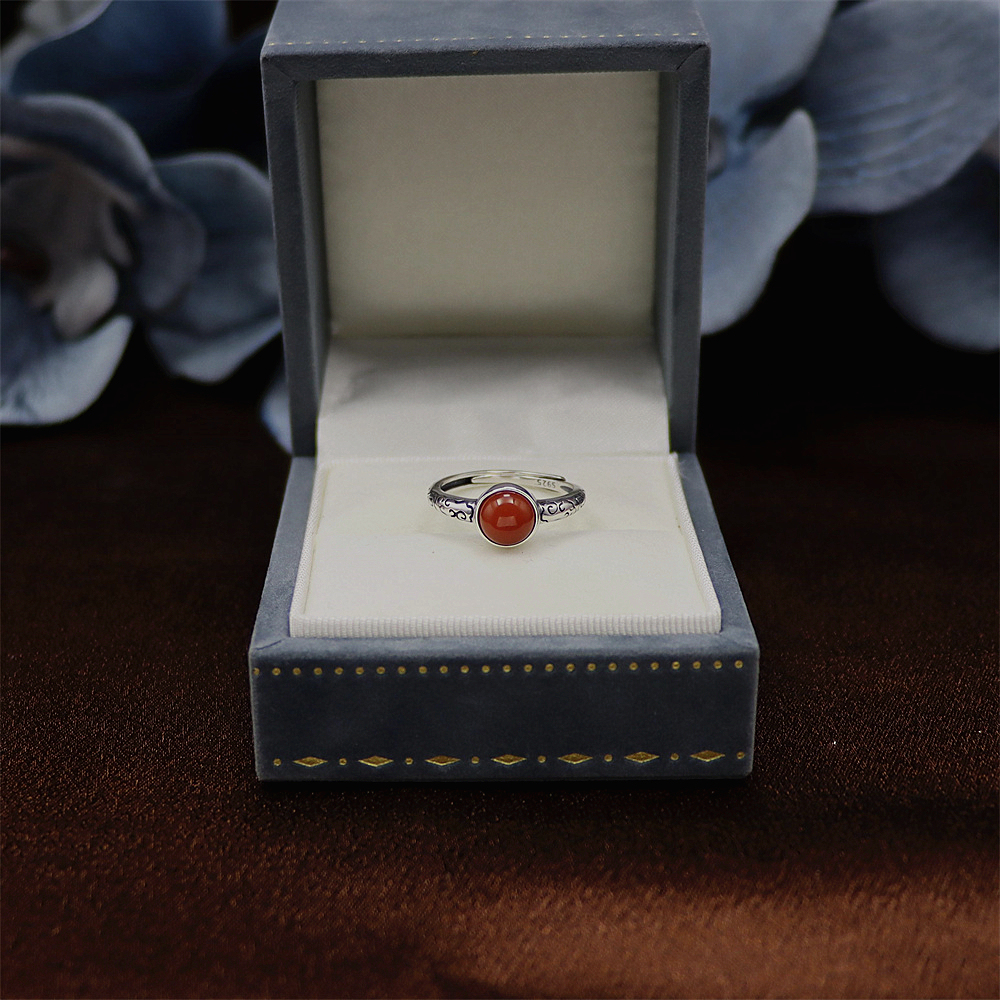 S925 Sterling Silver Vintage Floral Pattern Adjustable Ring with Red Agate for Women