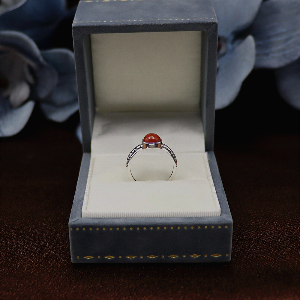 S925 Sterling Silver Vintage Floral Pattern Adjustable Ring with Red Agate for Women