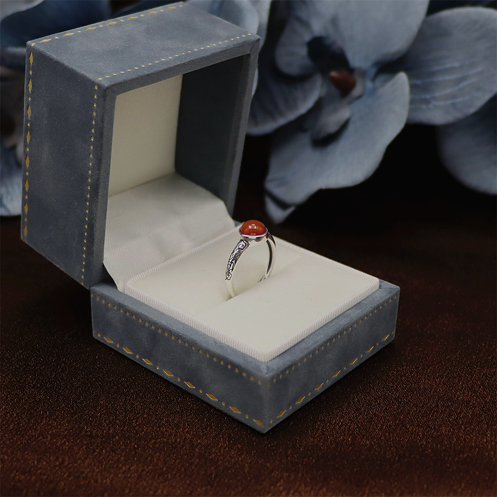 S925 Sterling Silver Vintage Floral Pattern Adjustable Ring with Red Agate for Women