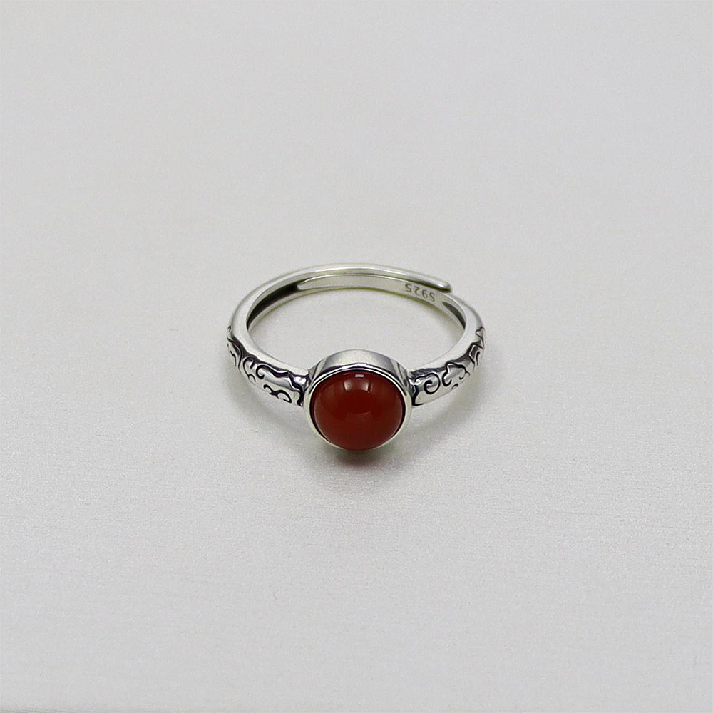 S925 Sterling Silver Vintage Floral Pattern Adjustable Ring with Red Agate for Women