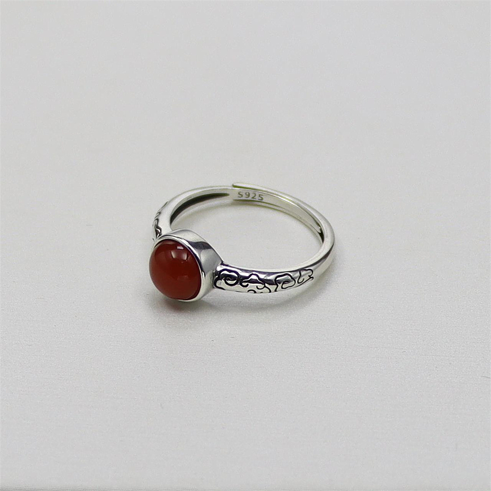 S925 Sterling Silver Vintage Floral Pattern Adjustable Ring with Red Agate for Women