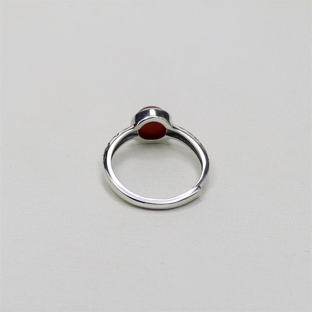 S925 Sterling Silver Vintage Floral Pattern Adjustable Ring with Red Agate for Women
