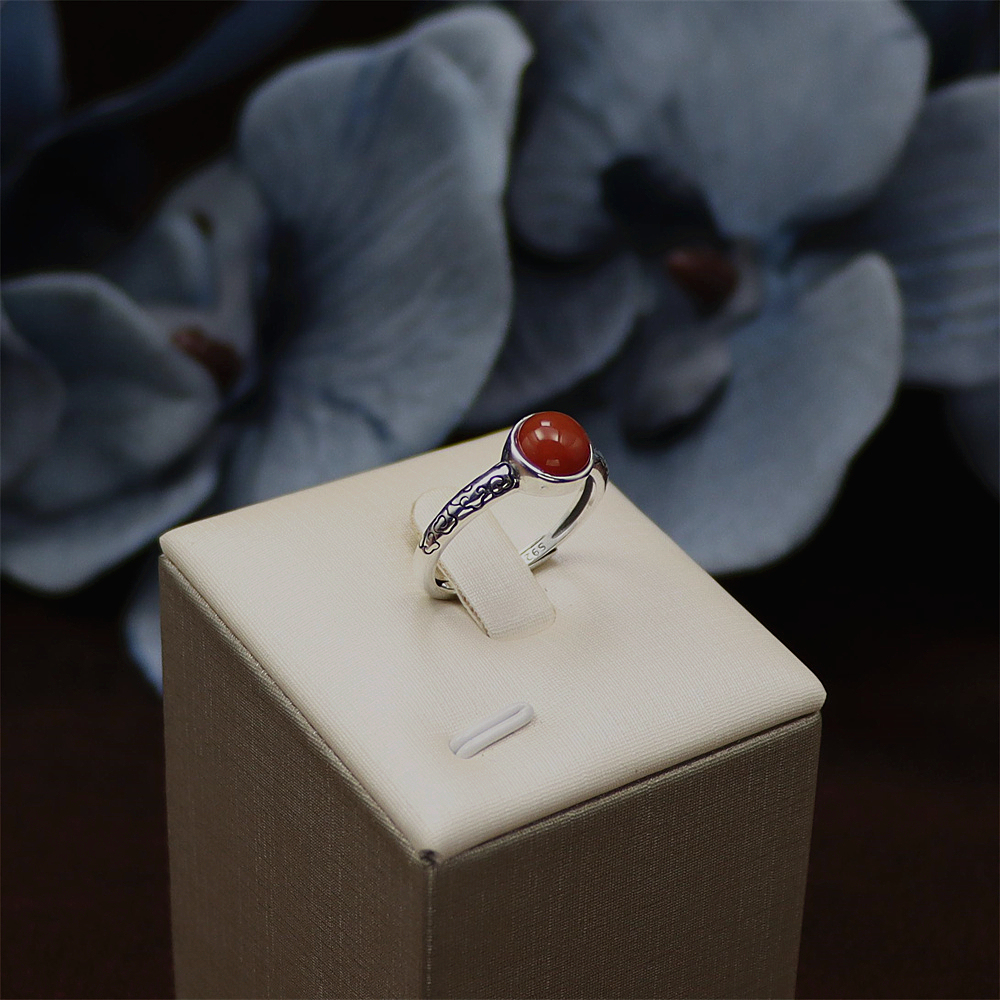 S925 Sterling Silver Vintage Floral Pattern Adjustable Ring with Red Agate for Women