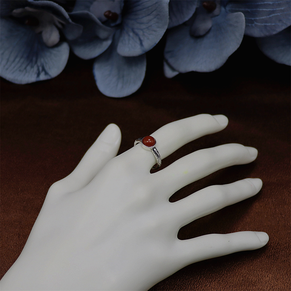 S925 Sterling Silver Vintage Floral Pattern Adjustable Ring with Red Agate for Women