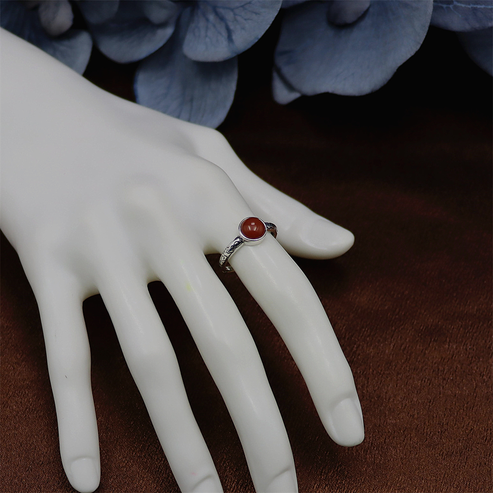S925 Sterling Silver Vintage Floral Pattern Adjustable Ring with Red Agate for Women