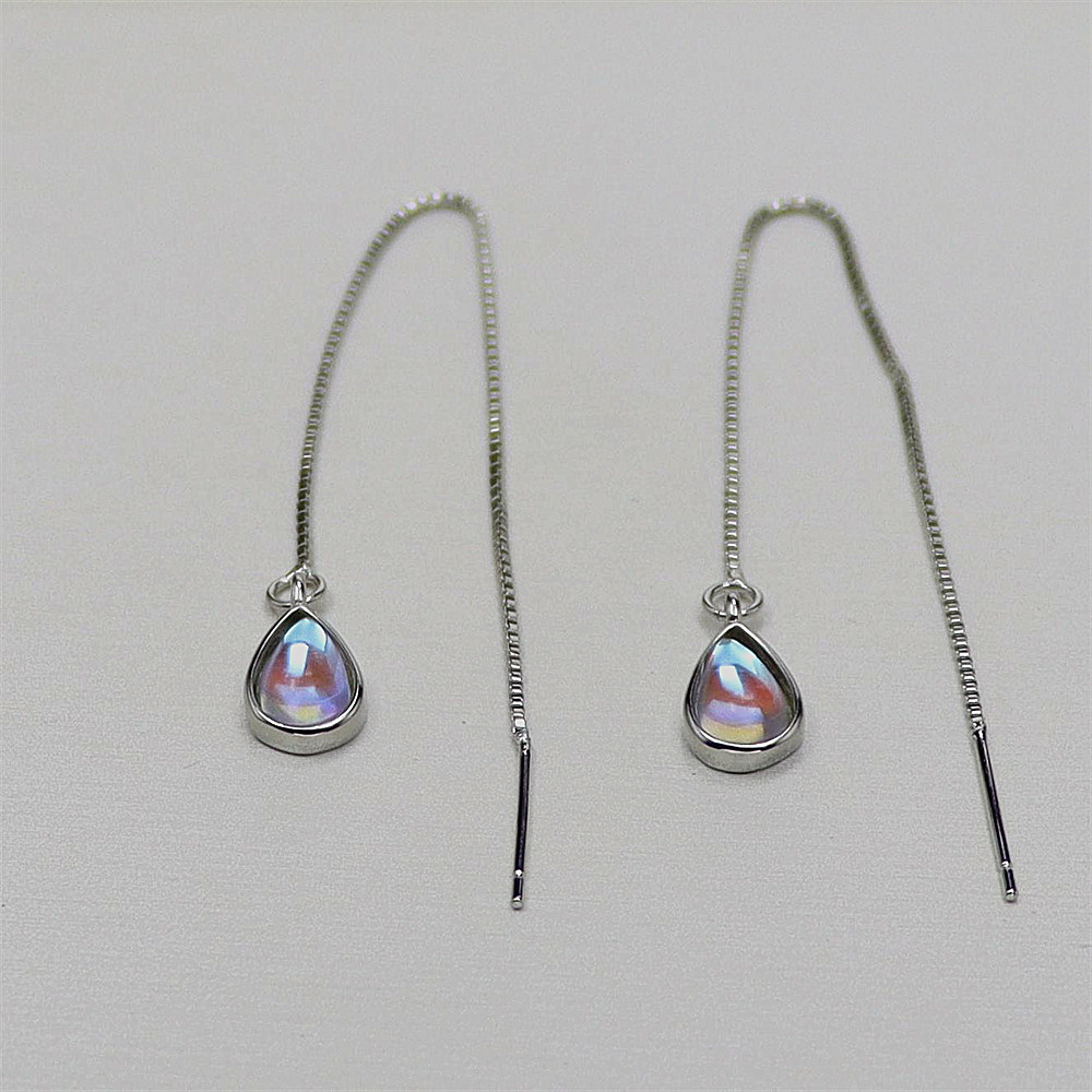 Minimalist Sterling Silver Threader Earrings with Aurora Moonstone Drop – Geometric Dangle Jewelry
