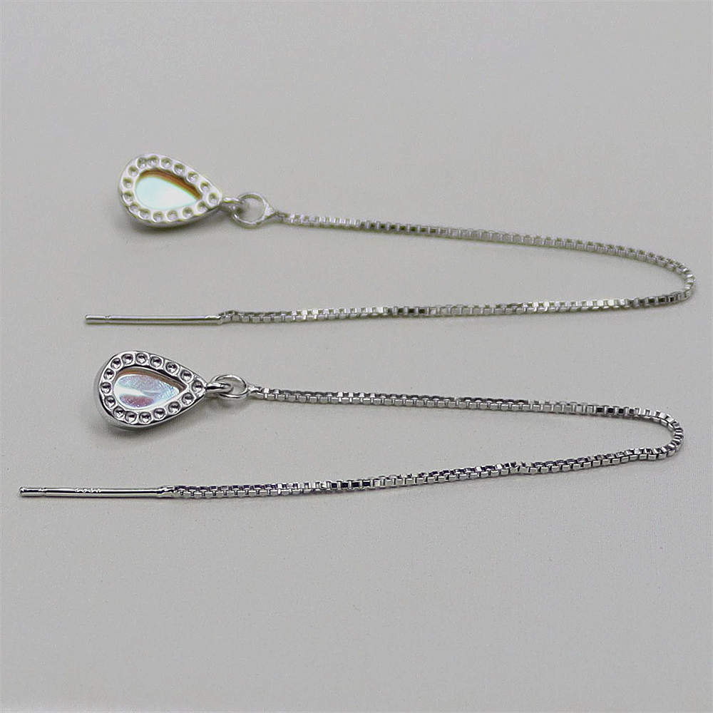 Minimalist Sterling Silver Threader Earrings with Aurora Moonstone Drop – Geometric Dangle Jewelry