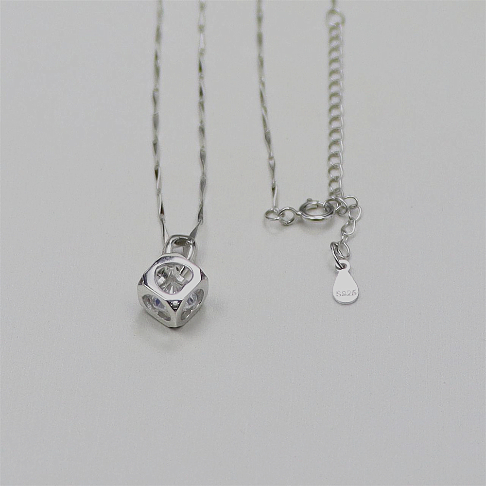 S925 Sterling Silver Cube Necklace for Women - Minimalist Silver Pendant Jewelry