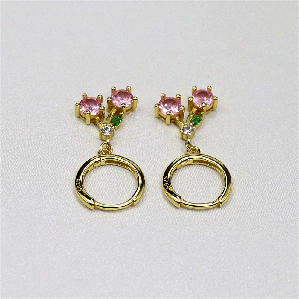 S925 Sterling Silver Colorful Zirconia Peach Cherry Earrings