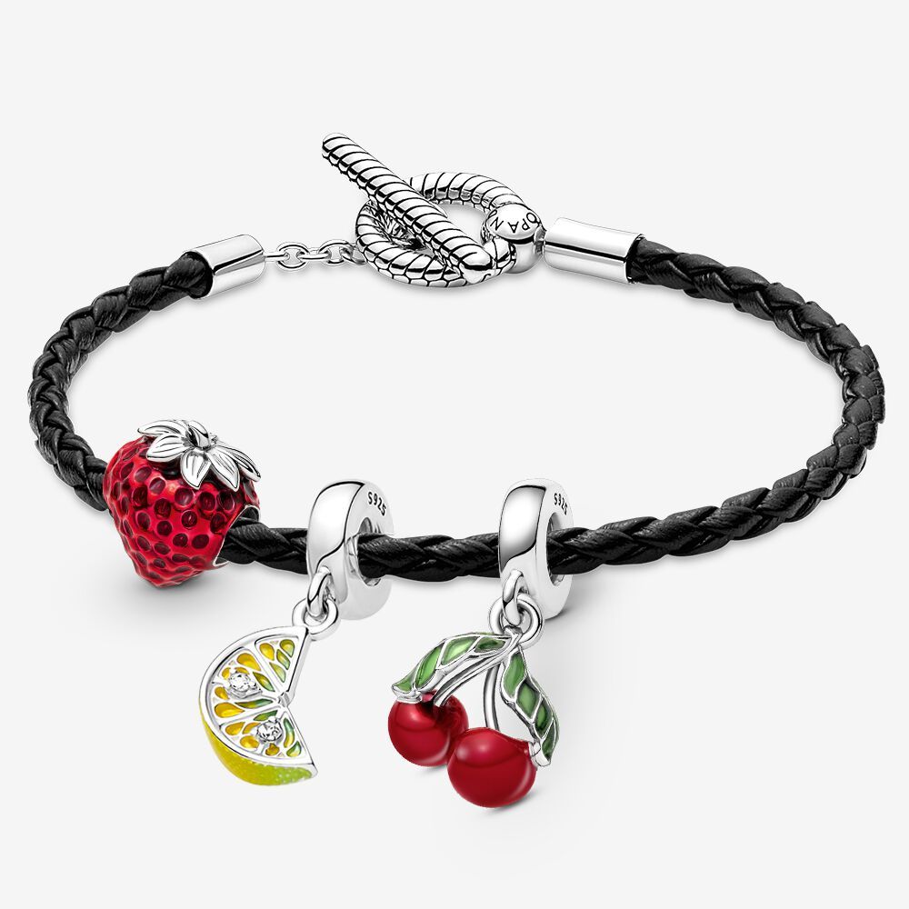Pandora Woven Leather Bracelet Silver Ball Clasp SET Gift Bag