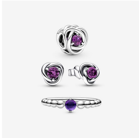 Pandora February Birthstone Trio Set Charm Earrings RING ALE S925