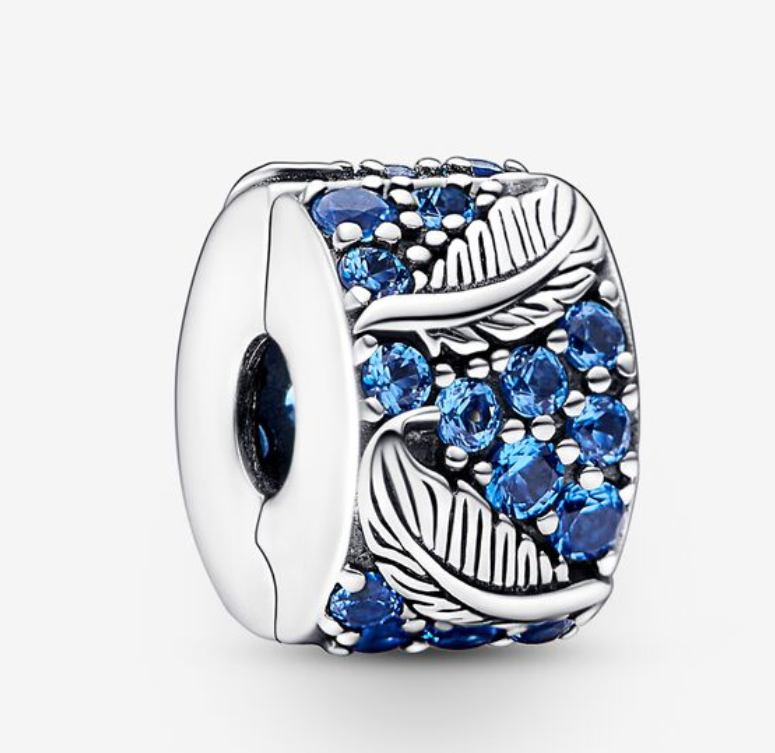 PANDORA 925 Curved Feather Blue CZ Pave Clip Charm
