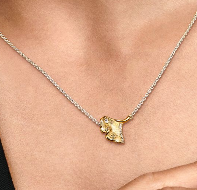 Pandora 925 Sterling Silver Gold 45cm Gingko Leaf Pendant Necklace-45 Clear CZ