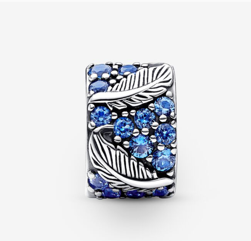PANDORA 925 Curved Feather Blue CZ Pave Clip Charm