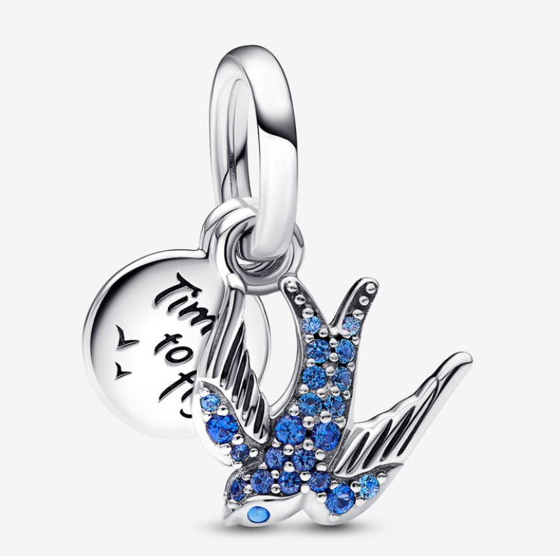 PANDORA 925 Blue Crystals Sparkling Swallow & Quote Fly Charm