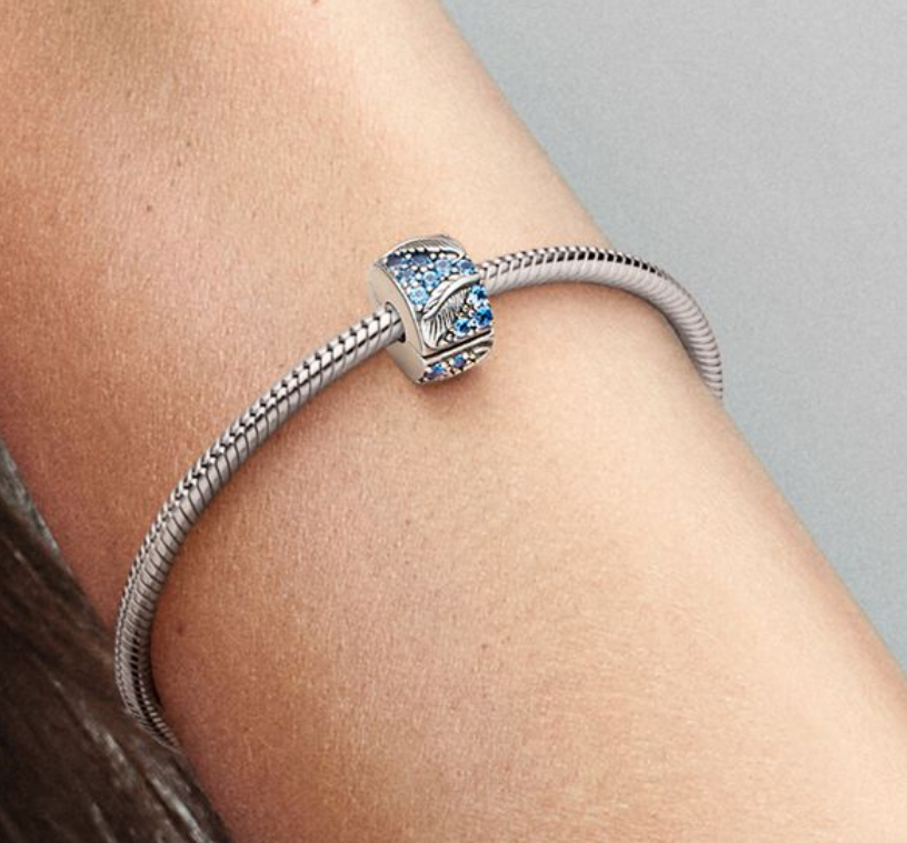 PANDORA 925 Curved Feather Blue CZ Pave Clip Charm