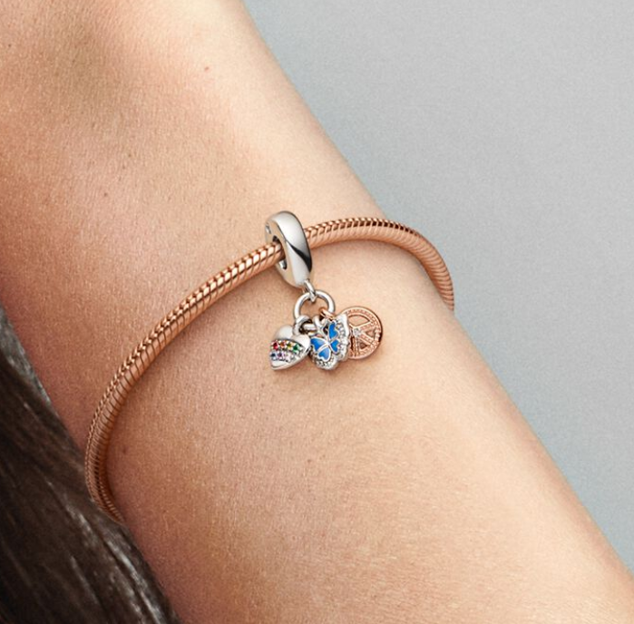 PANDORA 925 Rainbow Heart, Butterfly & Peace Triple Charm