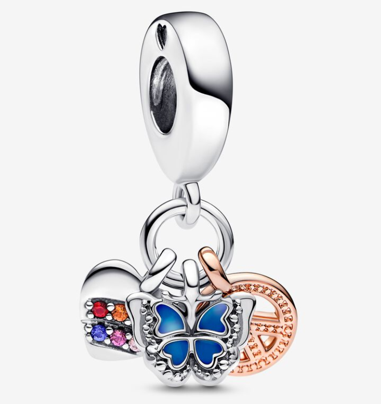 PANDORA 925 Rainbow Heart, Butterfly & Peace Triple Charm