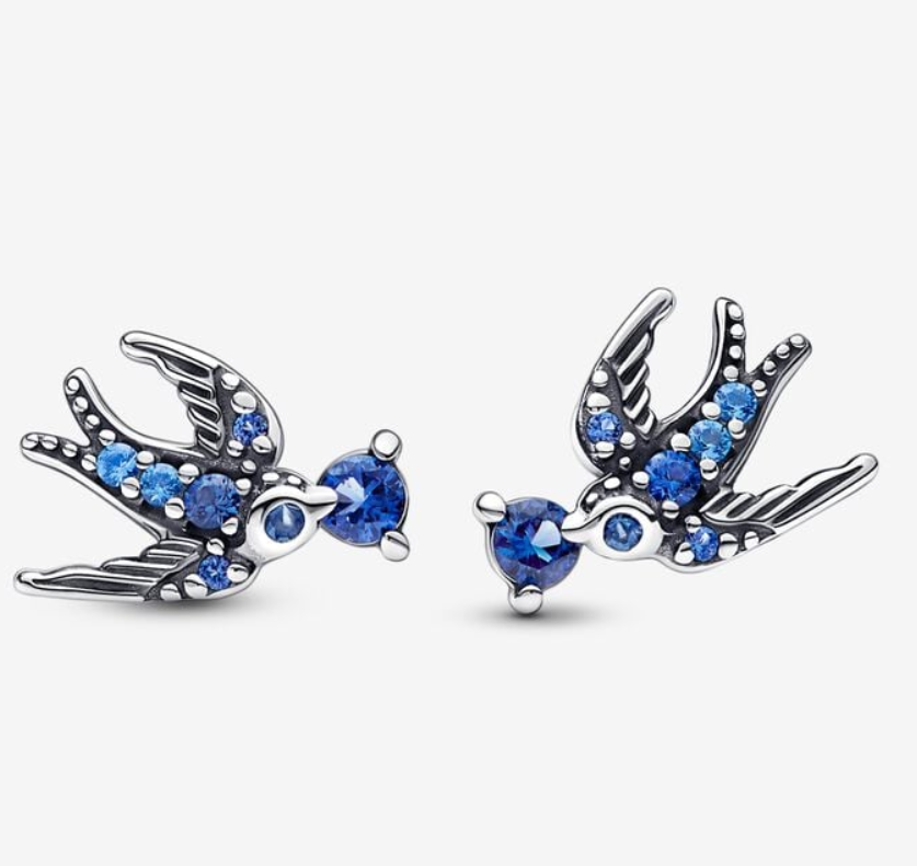 PANDORA 925 Blue Sparkling Swallow Stud Earrings
