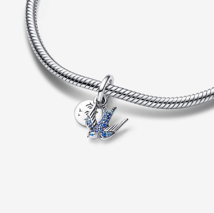 PANDORA 925 Blue Crystals Sparkling Swallow & Quote Fly Charm