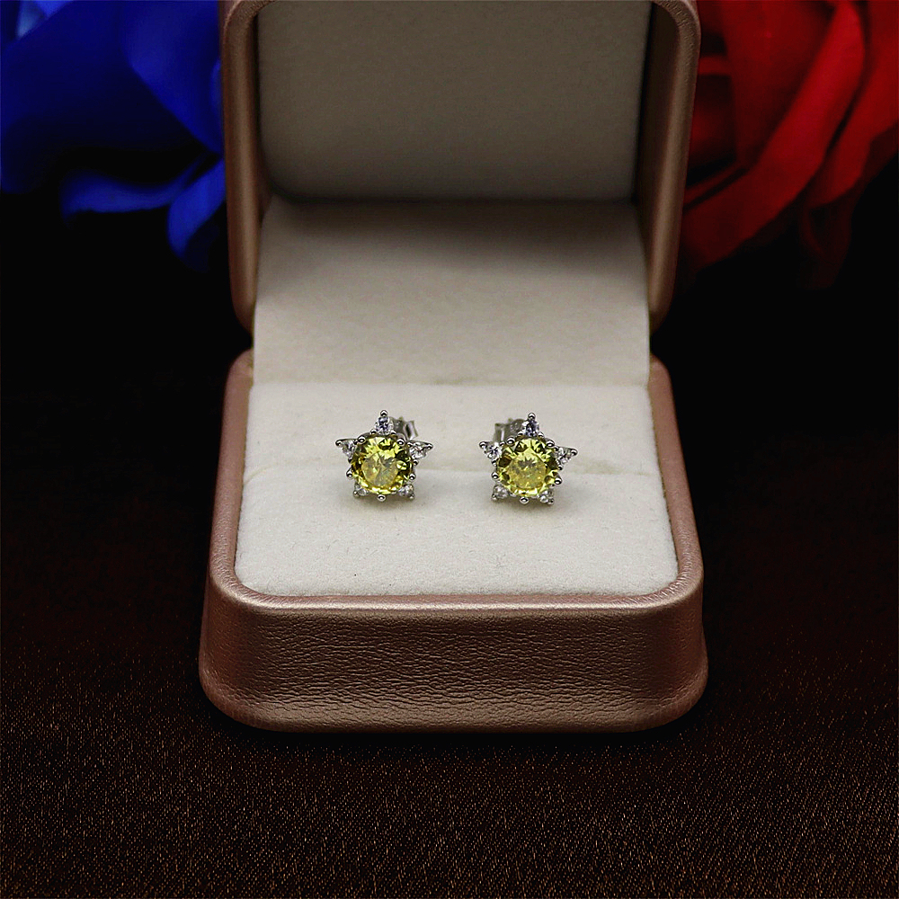 S925 Sterling Silver Simple Princess Cut Yellow Diamond Stud Earrings with Full Diamond Inlay