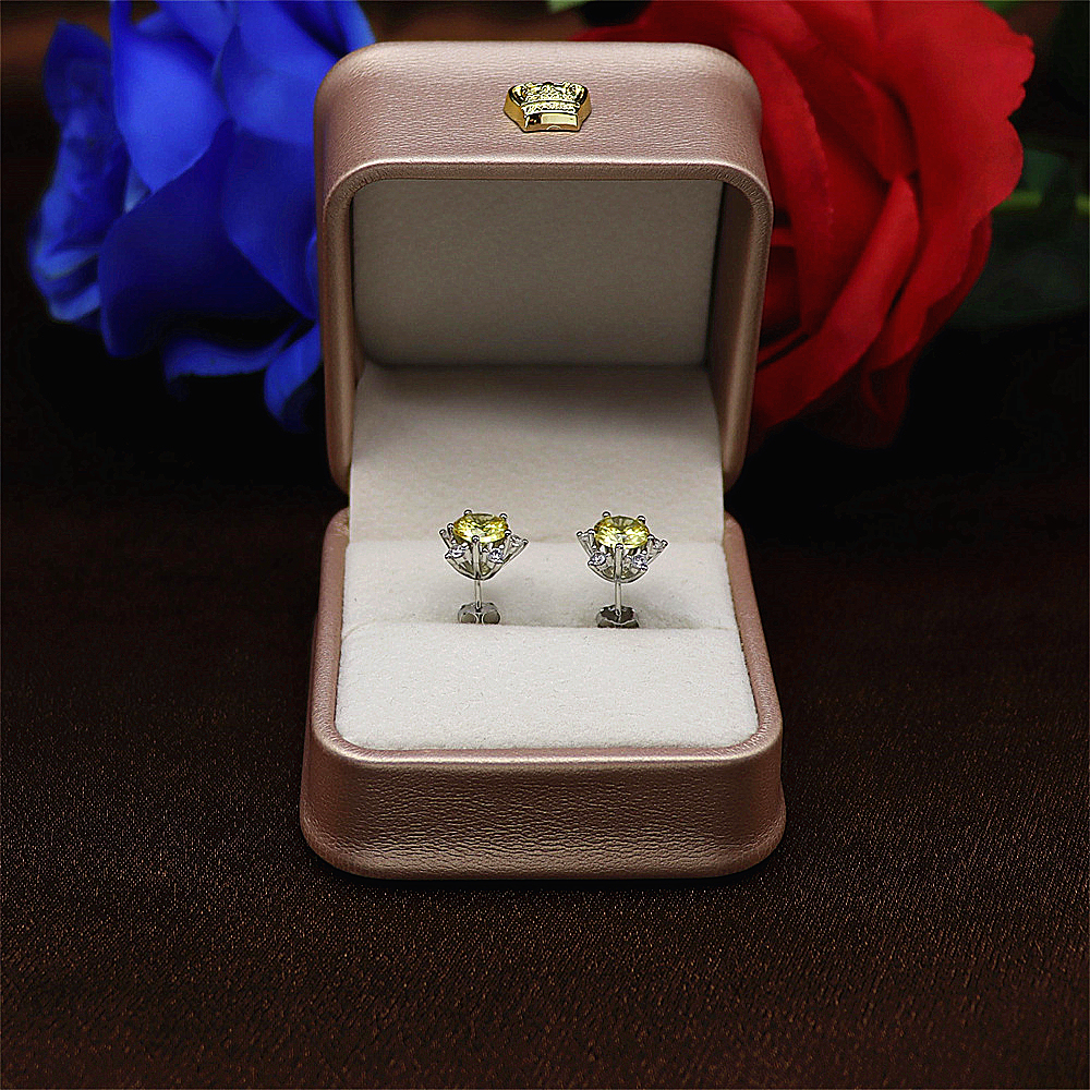 S925 Sterling Silver Simple Princess Cut Yellow Diamond Stud Earrings with Full Diamond Inlay