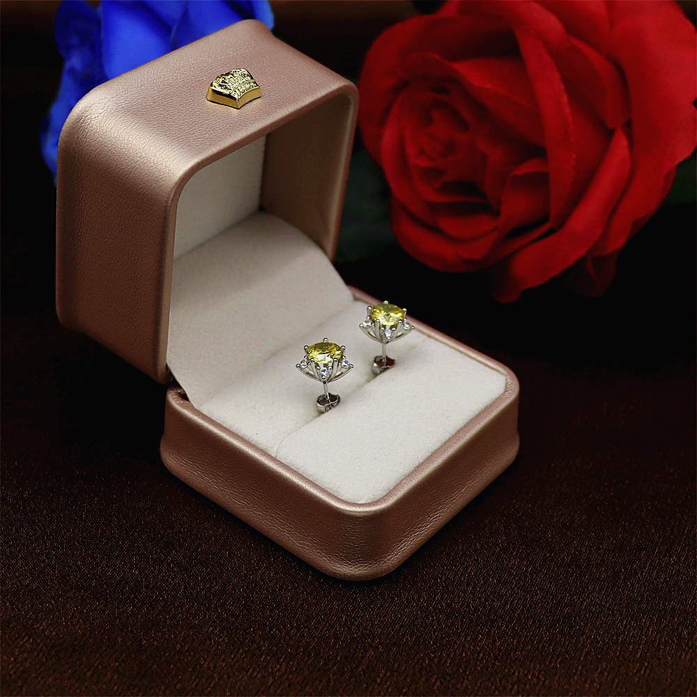 S925 Sterling Silver Simple Princess Cut Yellow Diamond Stud Earrings with Full Diamond Inlay