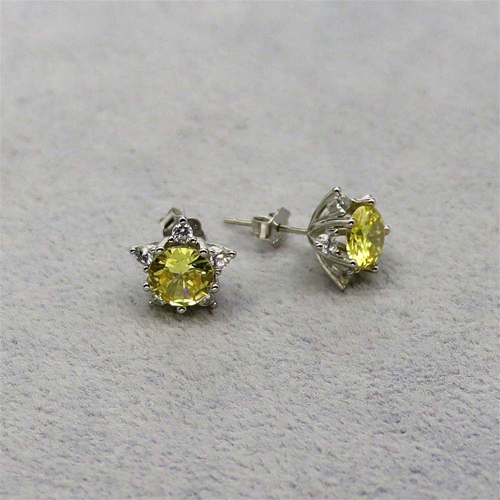 S925 Sterling Silver Simple Princess Cut Yellow Diamond Stud Earrings with Full Diamond Inlay