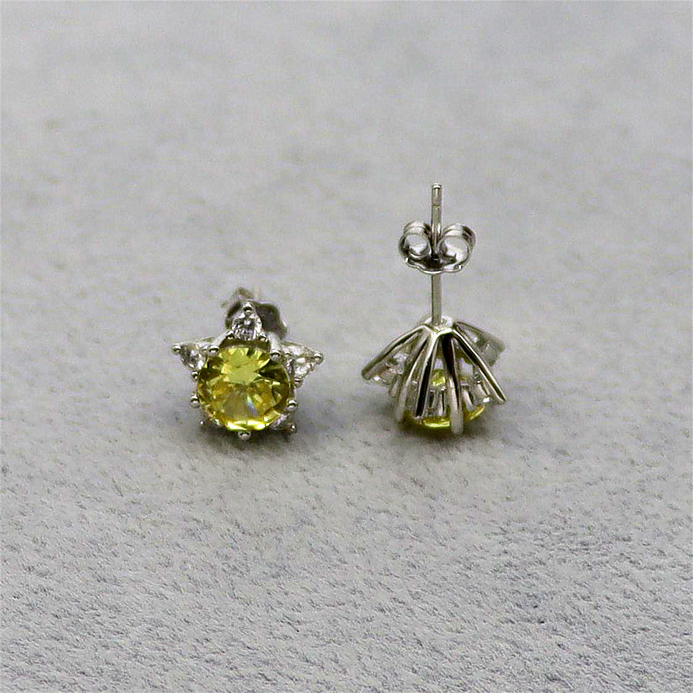 S925 Sterling Silver Simple Princess Cut Yellow Diamond Stud Earrings with Full Diamond Inlay