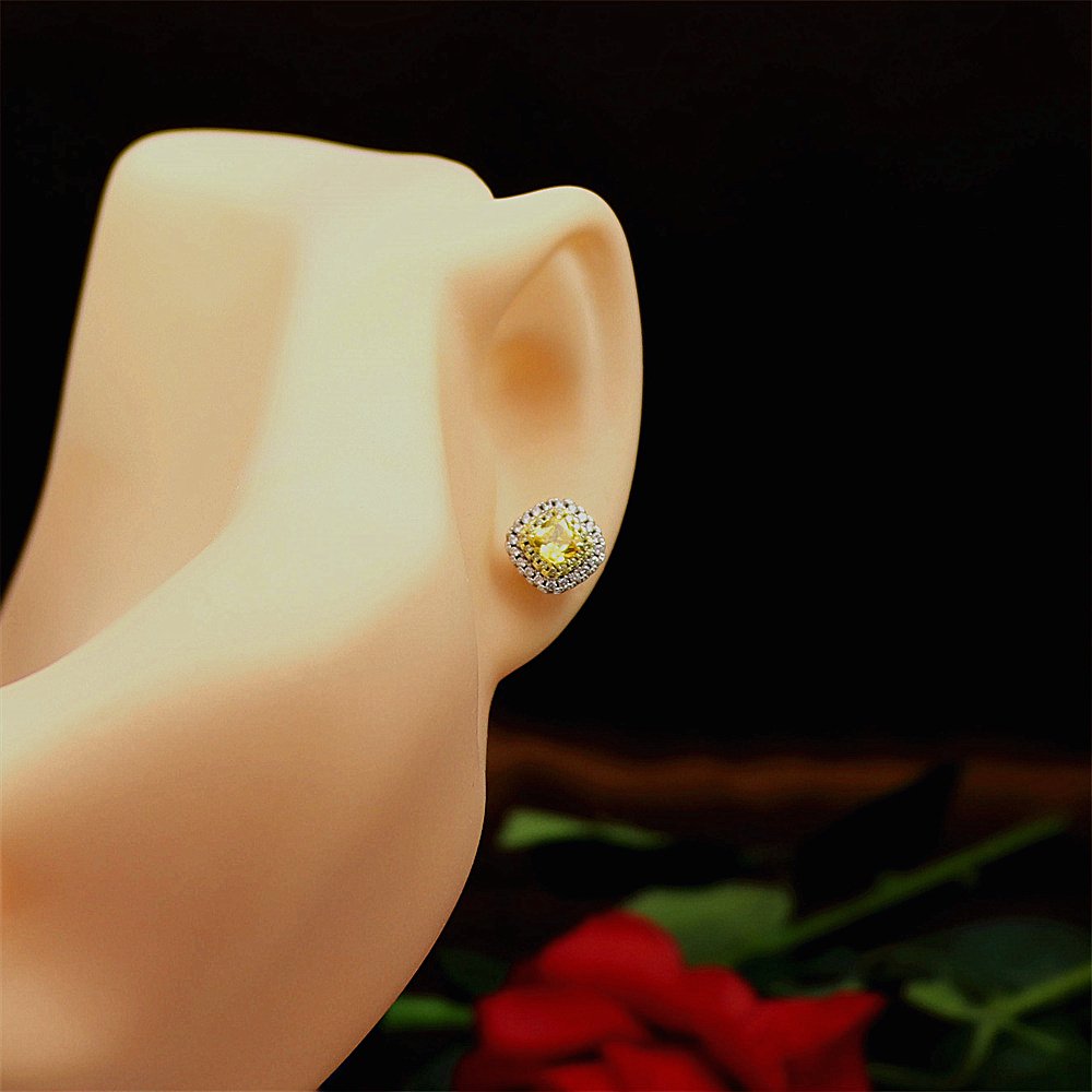 S925 Sterling Silver Simple Princess Cut Yellow Diamond Stud Earrings with Full Diamond Inlay