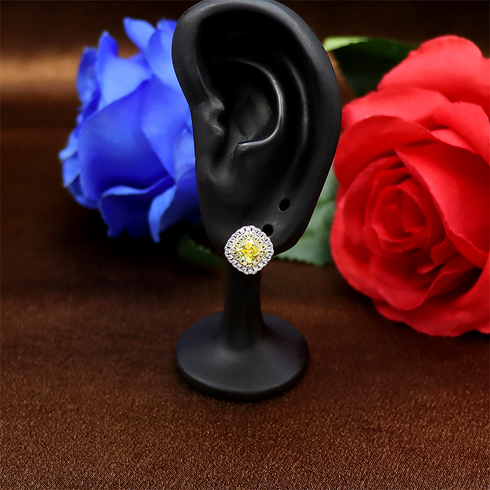 S925 Sterling Silver Simple Princess Cut Yellow Diamond Stud Earrings with Full Diamond Inlay