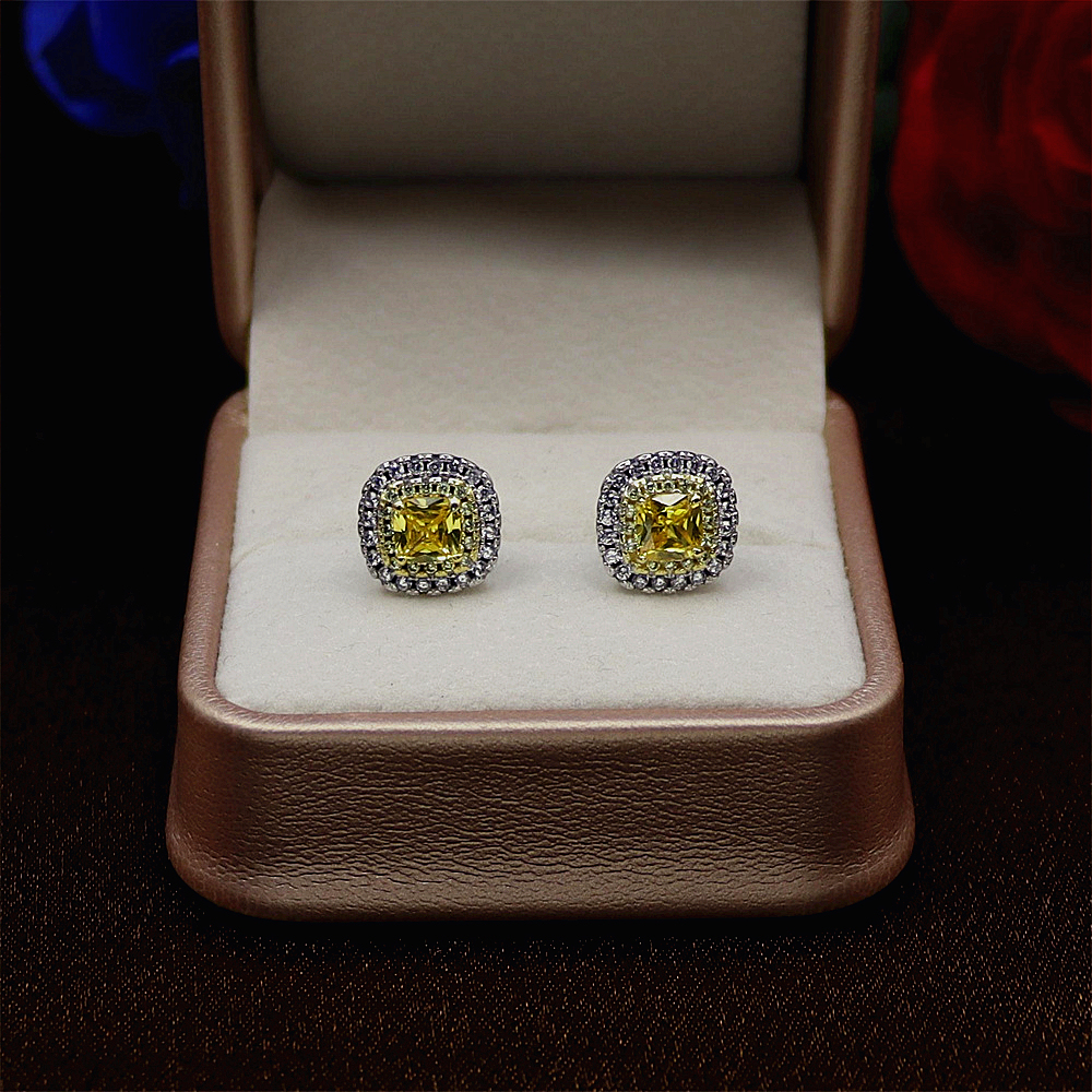 S925 Sterling Silver Simple Princess Cut Yellow Diamond Stud Earrings with Full Diamond Inlay