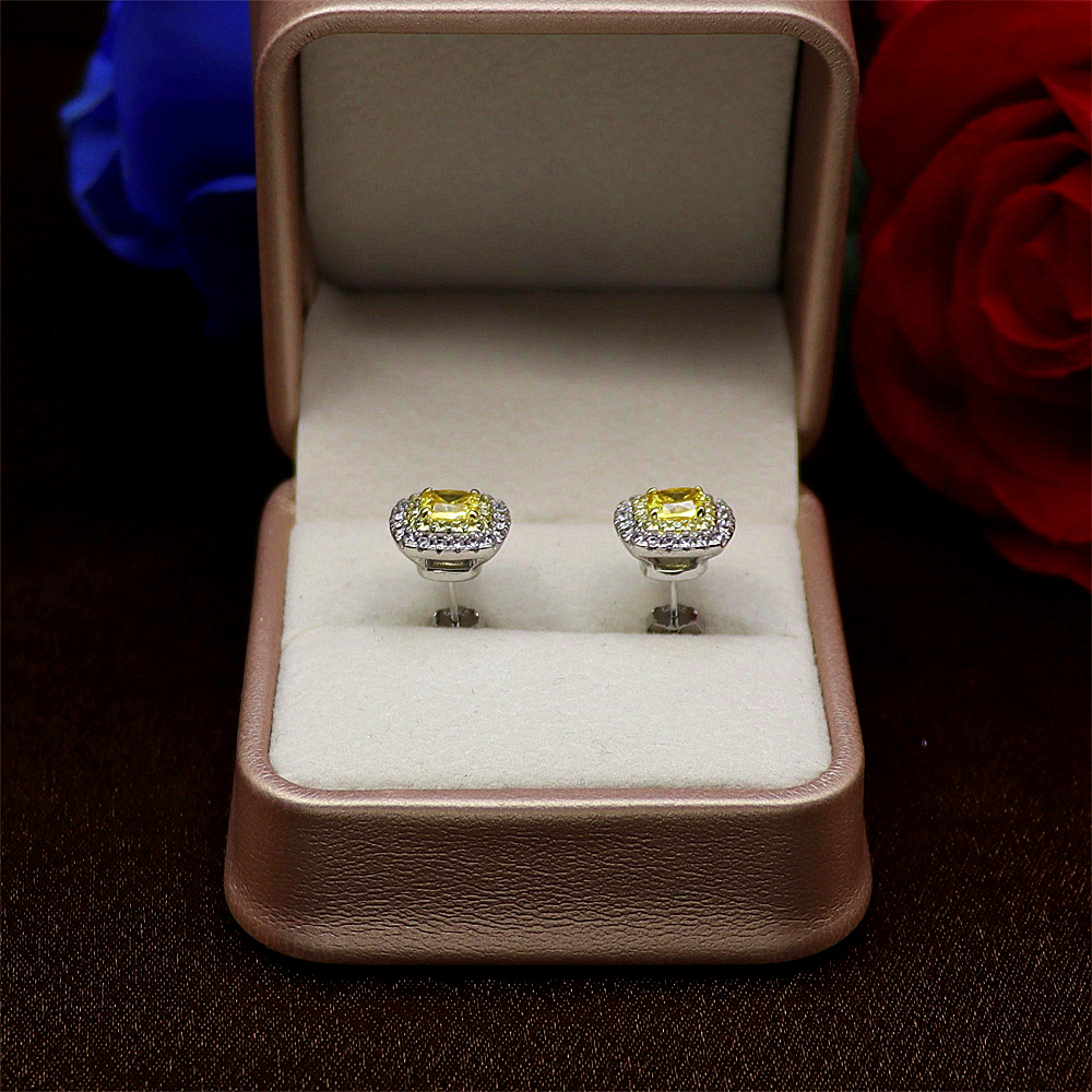 S925 Sterling Silver Simple Princess Cut Yellow Diamond Stud Earrings with Full Diamond Inlay