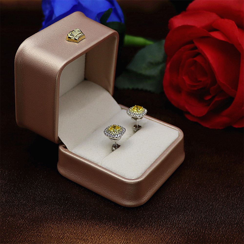 S925 Sterling Silver Simple Princess Cut Yellow Diamond Stud Earrings with Full Diamond Inlay