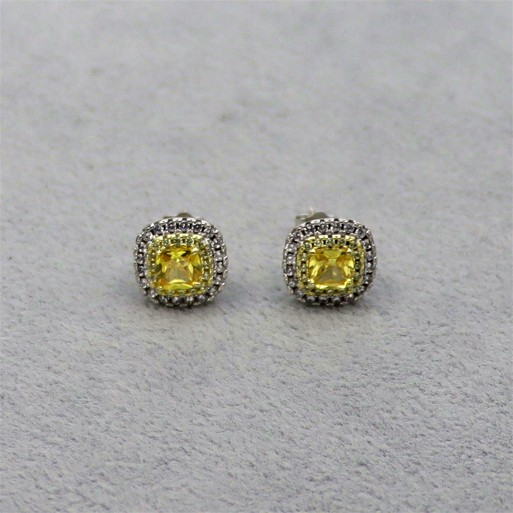 S925 Sterling Silver Simple Princess Cut Yellow Diamond Stud Earrings with Full Diamond Inlay