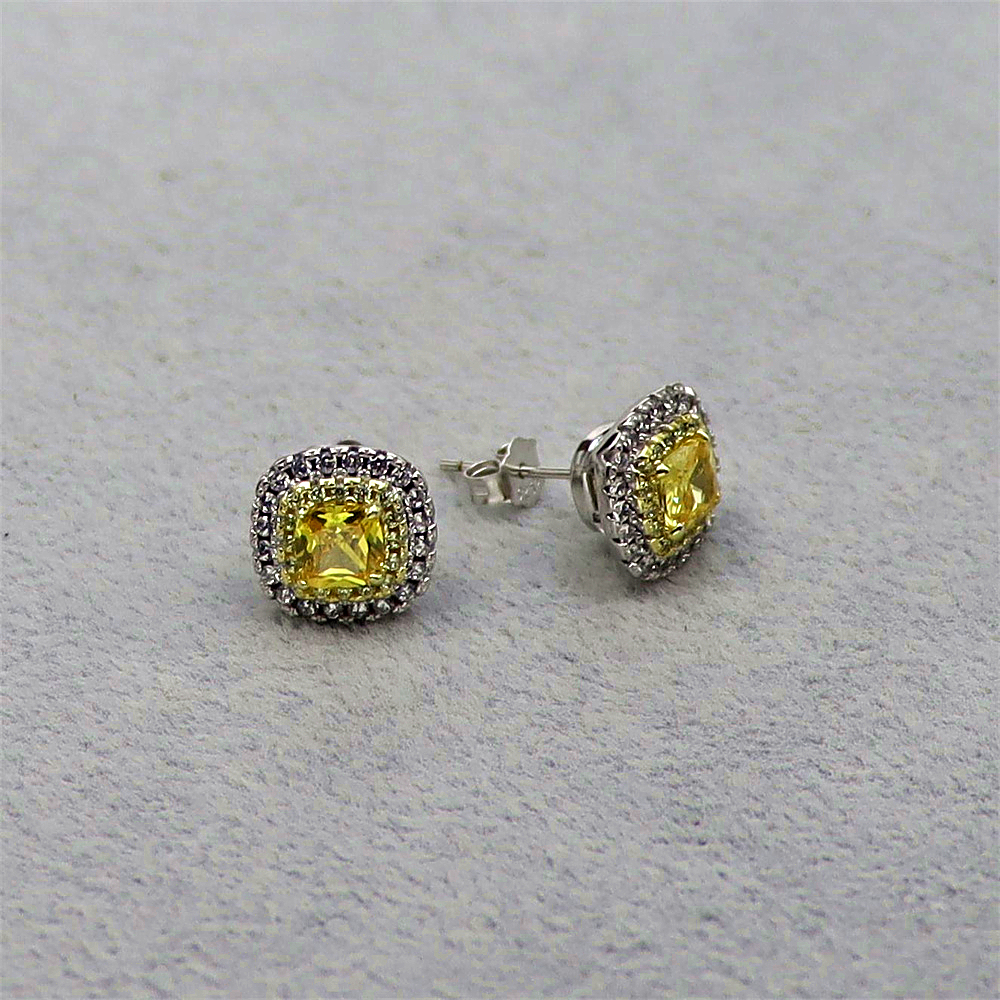 S925 Sterling Silver Simple Princess Cut Yellow Diamond Stud Earrings with Full Diamond Inlay