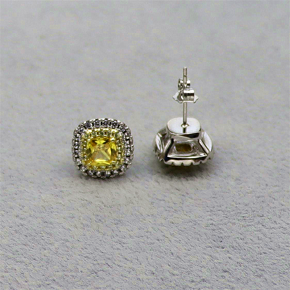 S925 Sterling Silver Simple Princess Cut Yellow Diamond Stud Earrings with Full Diamond Inlay
