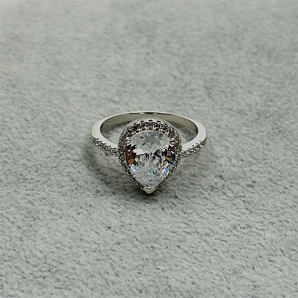 925 Sterling Silver Teardrop Shaped Diamond Ring with Pave Zircon Surround for Women