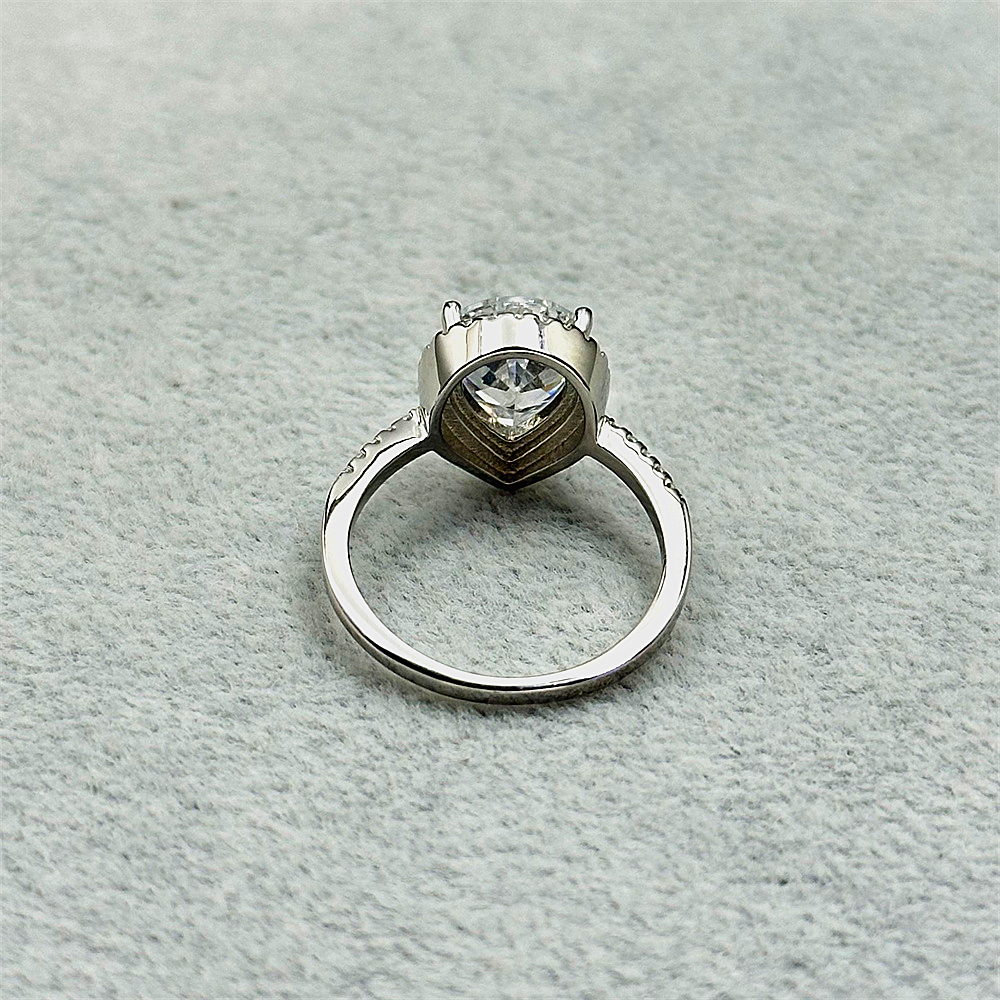 925 Sterling Silver Teardrop Shaped Diamond Ring with Pave Zircon Surround for Women