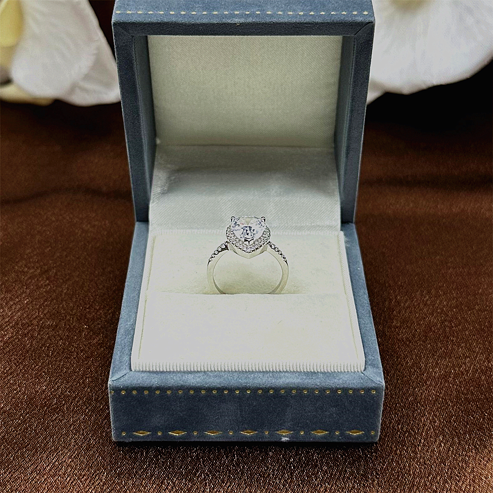 925 Sterling Silver Teardrop Shaped Diamond Ring with Pave Zircon Surround for Women