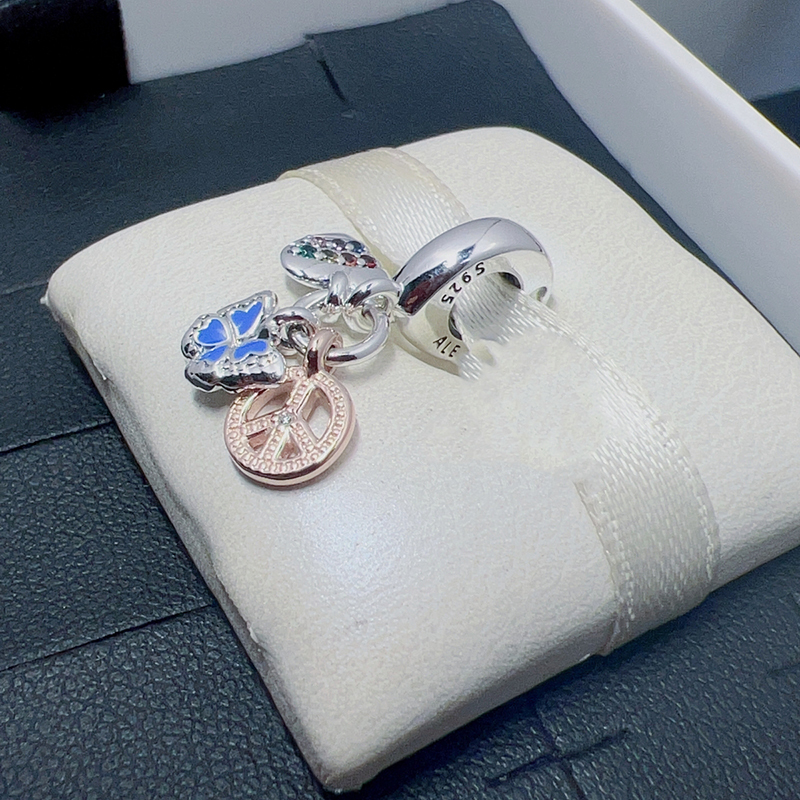 PANDORA 925 Rainbow Heart, Butterfly & Peace Triple Charm