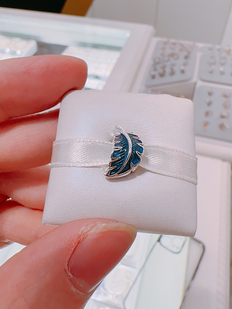 Pandora Moments Sterling Silver Blue Curved Feather Charm