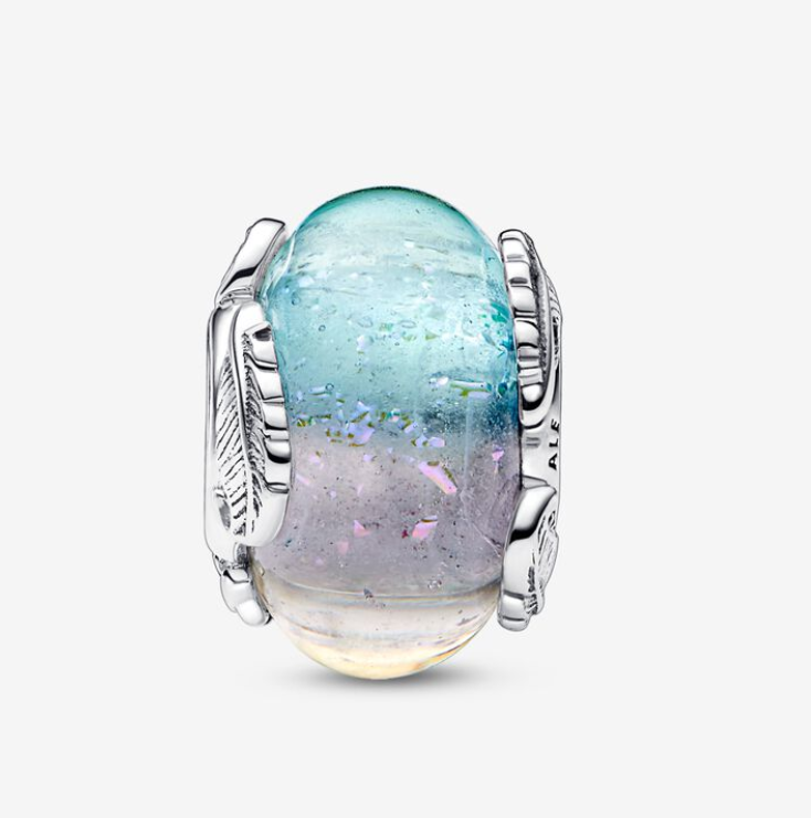 PANDORA  Mehrfarbiges Murano-Glas und Geschwungene Feder Charm