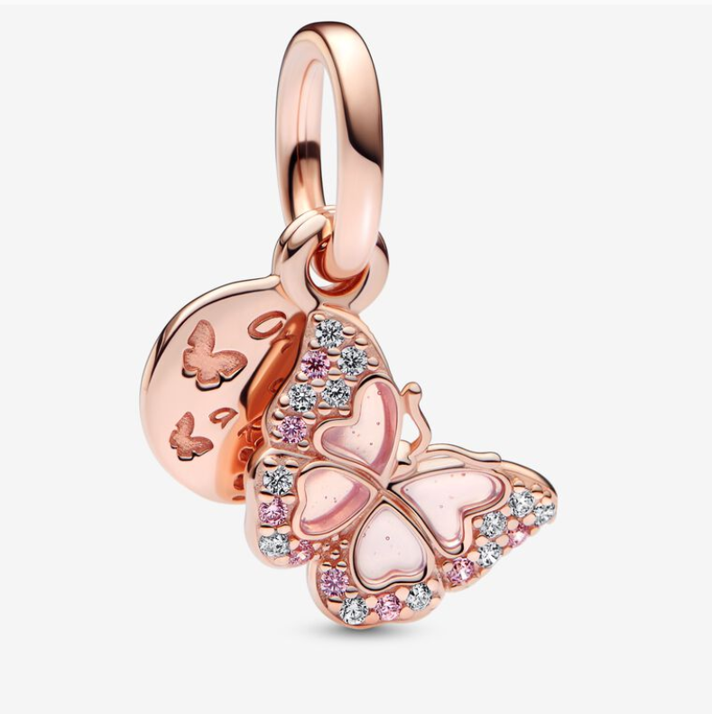 Pandora Gold Plated Pink Butterfly & Double Dangle Charm